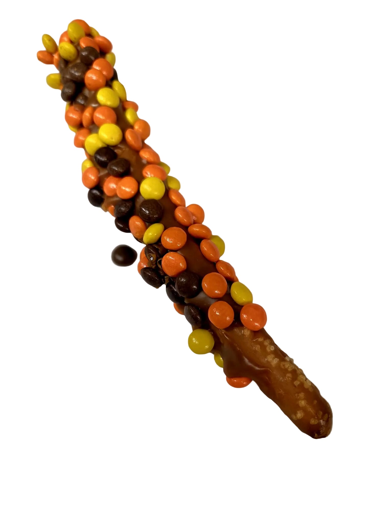 Pretzel Rod dipped in Caramel & Reese's Pieces