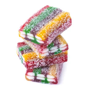 Sour Rainbow Bricks: stacked gummy candy bars in rainbow colors with sugary coating
