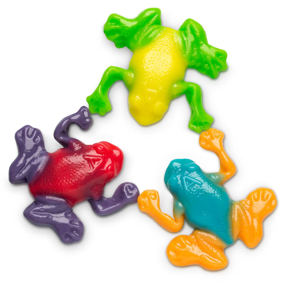 Colorful glossy Rainforest Frog Gummies in red-purple, green-yellow, teal-orange