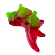 Red and green gummy peppers with glossy translucent texture
