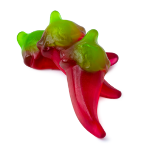 Red and green gummy peppers with glossy translucent texture