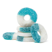 Blue and white sugar-coated gummy blue raspberry rings