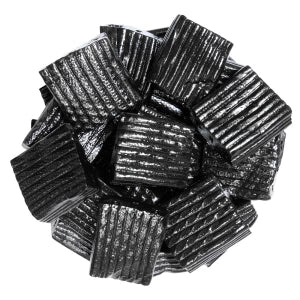 Pile of black ridged Finnska Licorice Ripples gummy candies