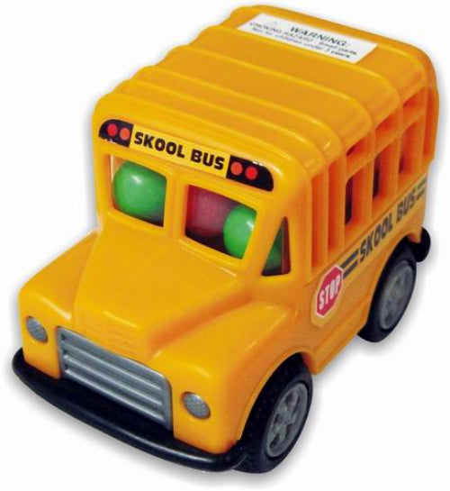 Bright yellow Skool Bus Candy & Toy with green red windows black wheels stop sign
