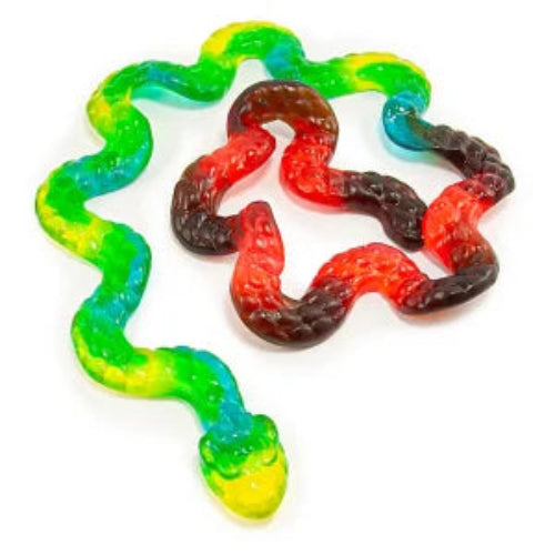Colorful translucent gummy snake in green, yellow, red, brown segments