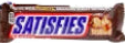 Snickers candy bar with glossy brown wrapper and bold blue lettering