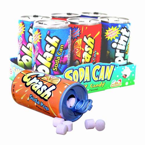 Soda Can Fizzy Candy with orange crush soda pop can spilling white marshmallow candies