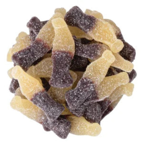 Sour Cola Bottles: gummy pile with yellow-to-purple gradient and sparkling sugar