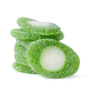 Sour Gummi Kiwi Slices: green circular candies with white center and sugary coating
