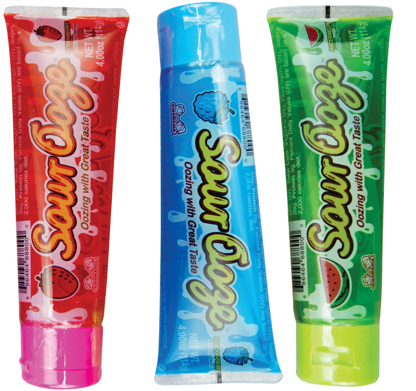 Three colorful Sour OOZE Tube Squeeze Pop candies in strawberry, blue raspberry, and watermelon flavors
