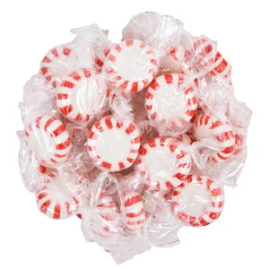 Pile of Peppermint Starlight Mints with red and white stripes