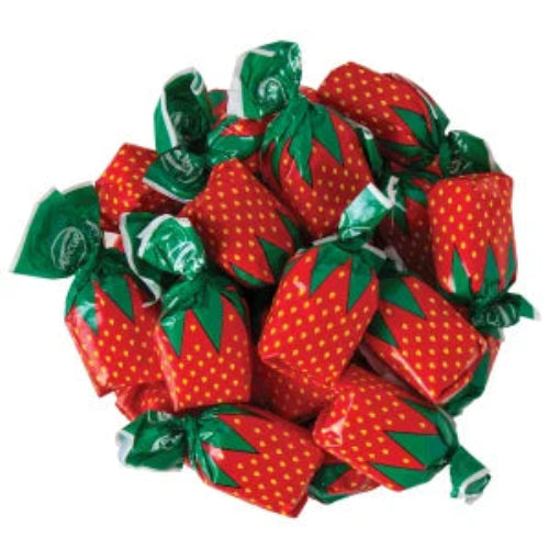 Red and green Strawberry Delights candies, glossy strawberry-shaped treats