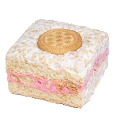 Square pink and white Crispy Strawberry Cookies & Cream Crispycake with golden-brown cookie top