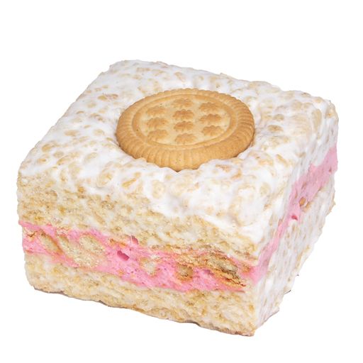 Square pink and white Crispy Strawberry Cookies & Cream Crispycake with golden-brown cookie top
