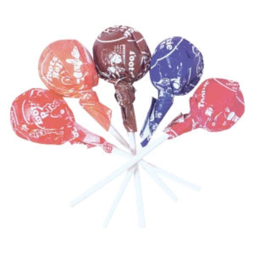 Tootsie Pops in red, blue, and maroon wrappers with white sticks