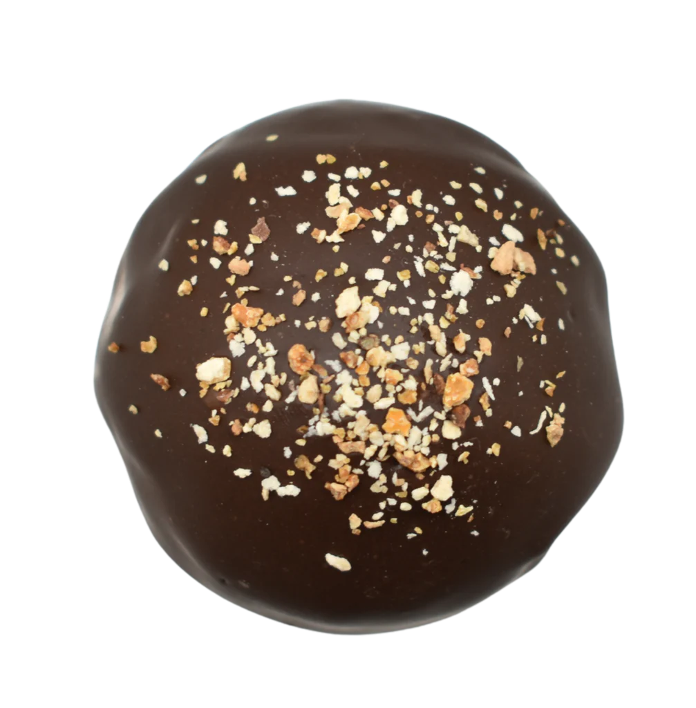 Round dark chocolate truffle topped with crushed nuts, Double Orange Delight 1.5 oz