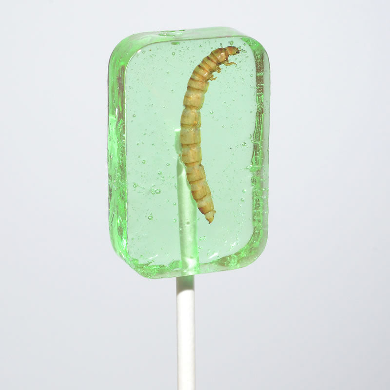 Translucent green apple Hotlix Worm Sucker lollipop with real worm inside
