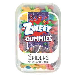 Zweet Gummy Sour Spiders in clear container with colorful gummy spiders